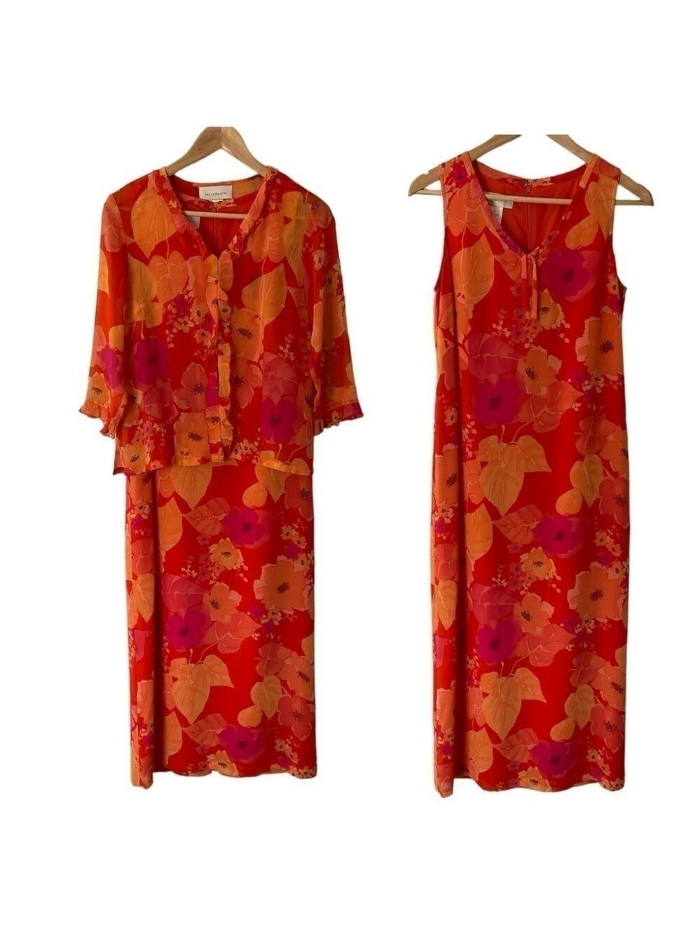 Vtg Susan Bristol 100% Silk Dress Set Sz Small Tropical Floral Orange Maxi EUC